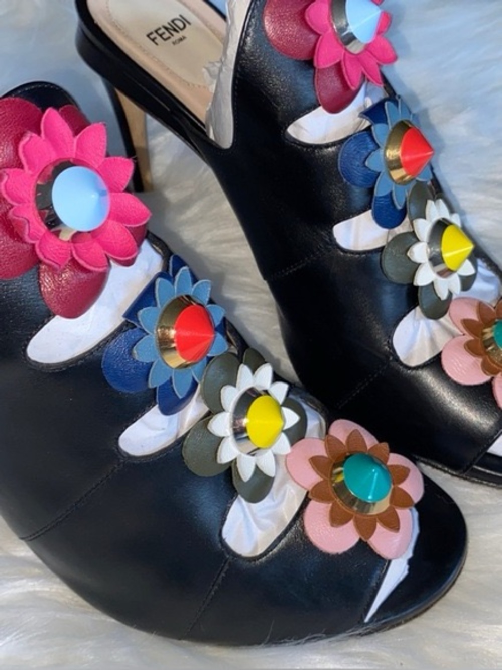 Fendi Black Mules with Colorful Floral Embellishments size 40